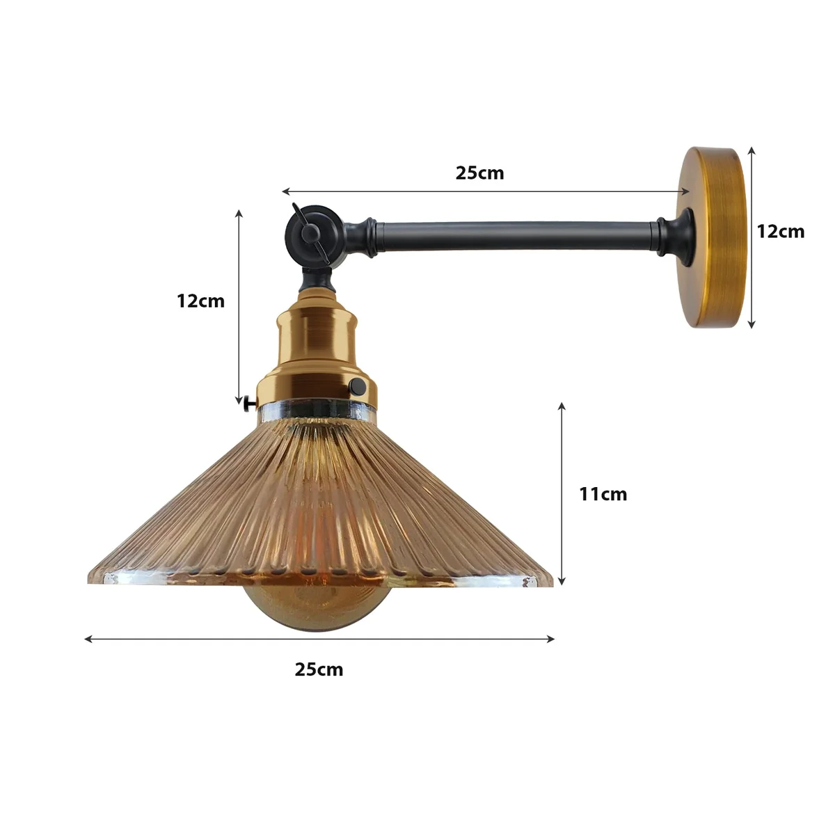 Amber ribbed glass industrial wall sconce with adjustable brass holder and black metal arm mounted on wall