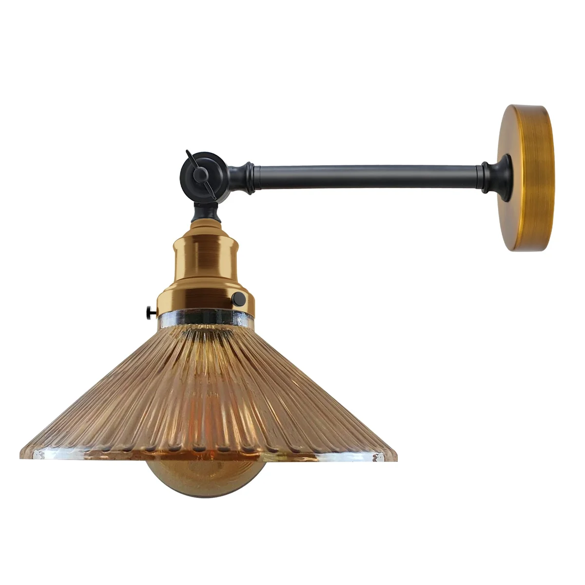 Amber glass wall light with ribbed shade, adjustable brass holder, and black arm mounted on white wall