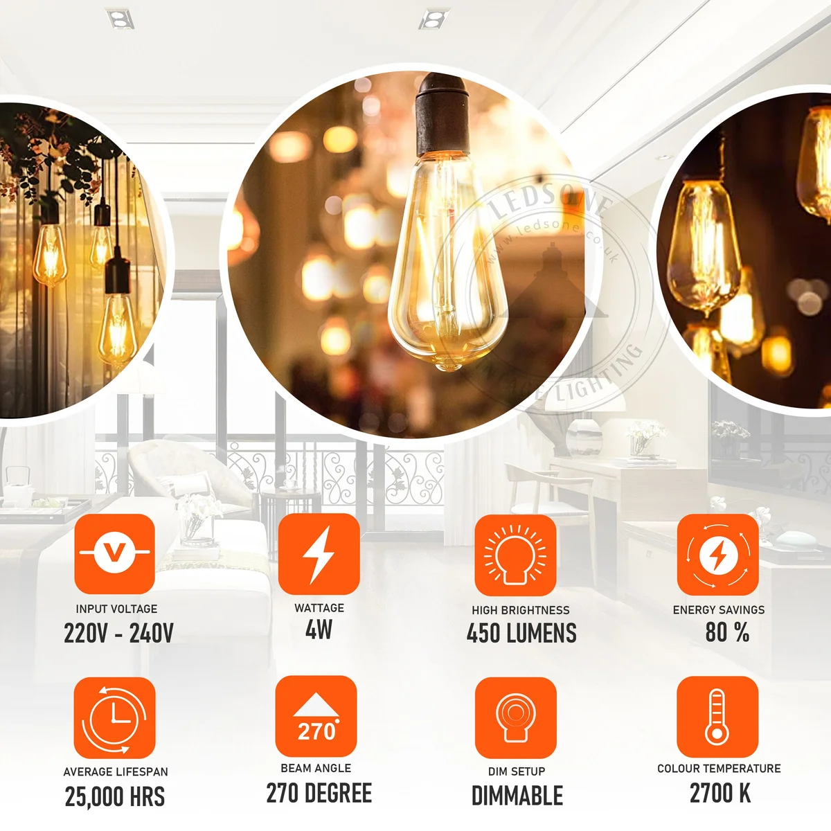 Ten vintage LED bulbs with filament design, ST64 shape, E27 base, glowing warm white light on a dark background