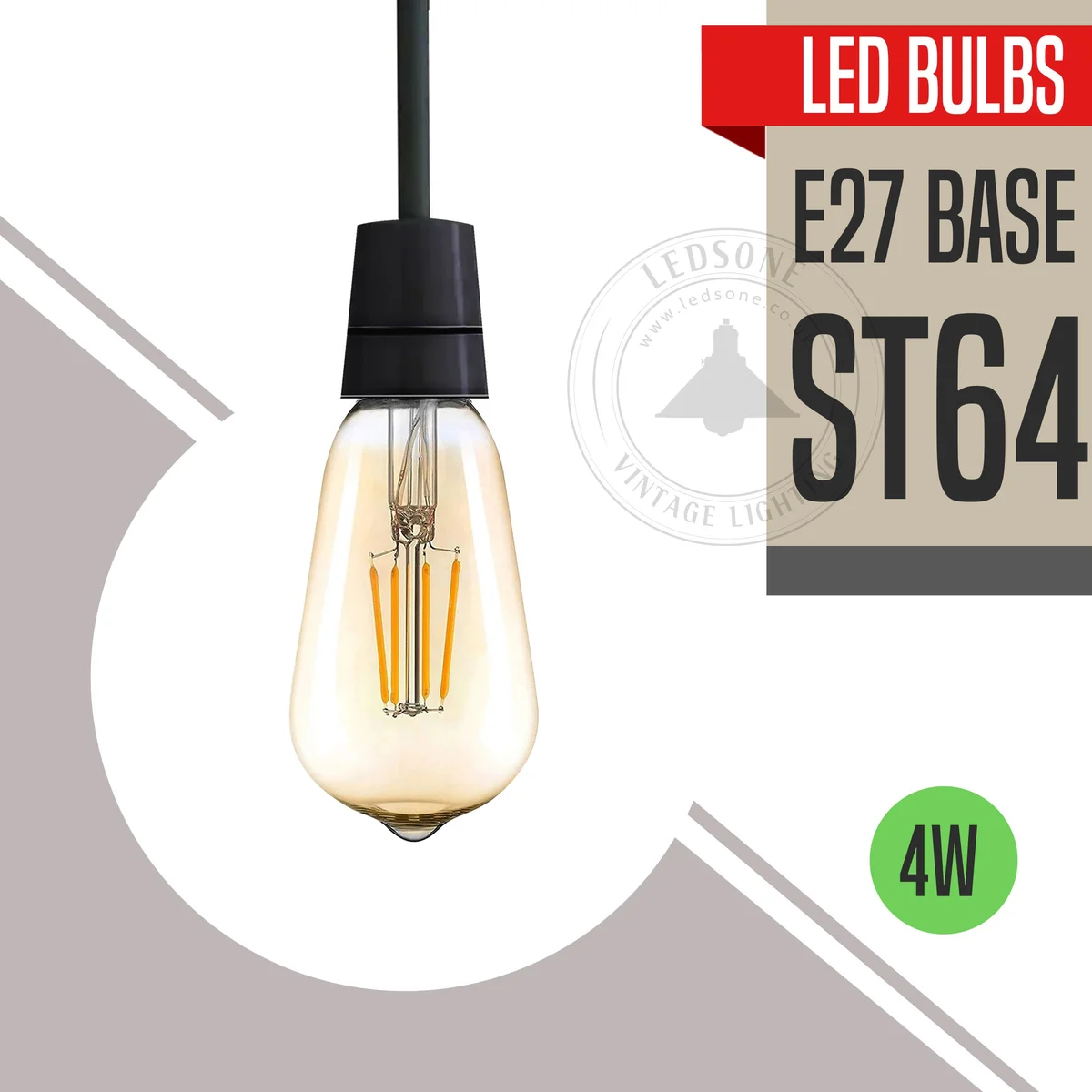 Ten vintage LED bulbs with ST64 shape and E27 base glowing warm white light in a row on a dark background