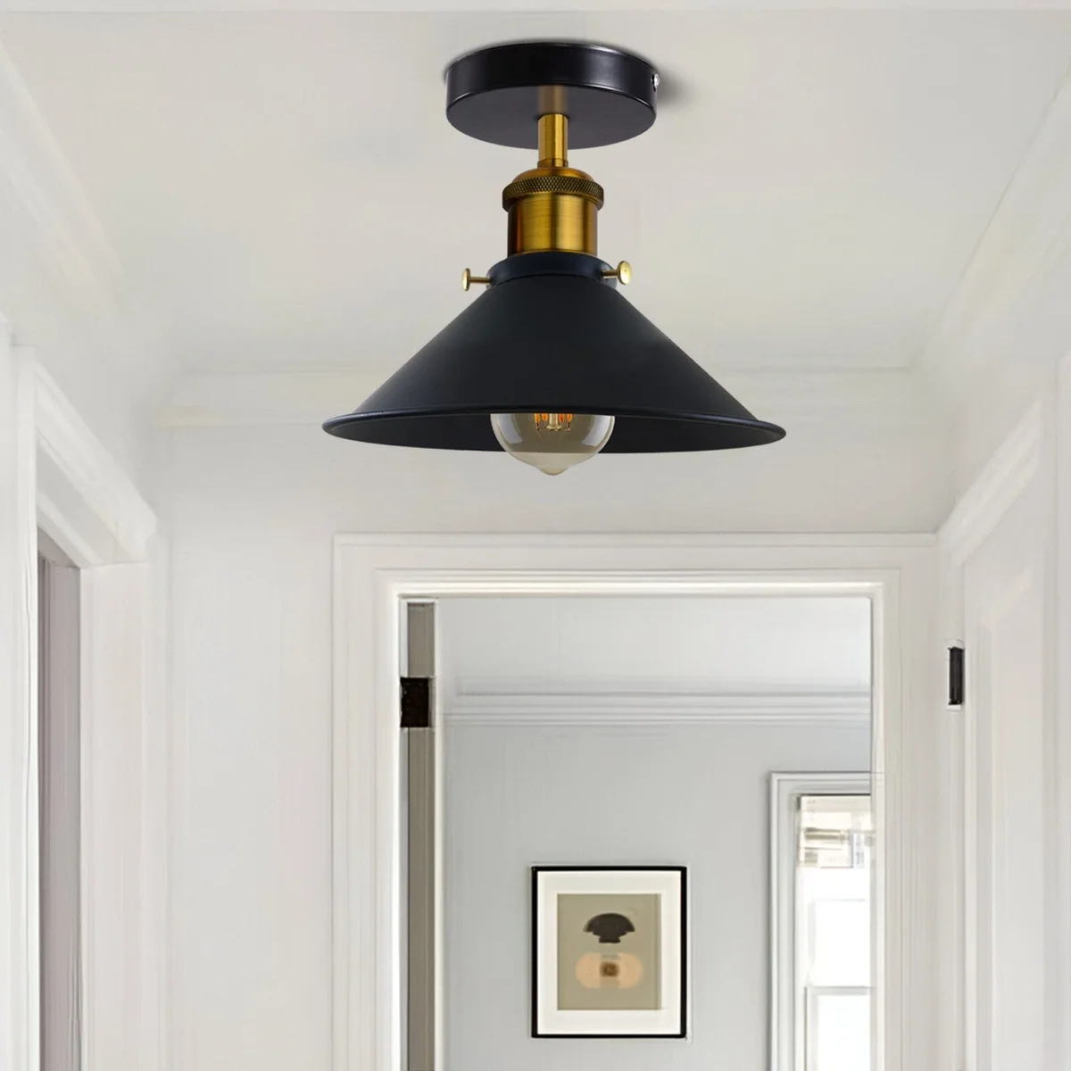 Black and yellow brass conical metal ceiling light with vintage industrial design for low ceilings, 22cm diameter