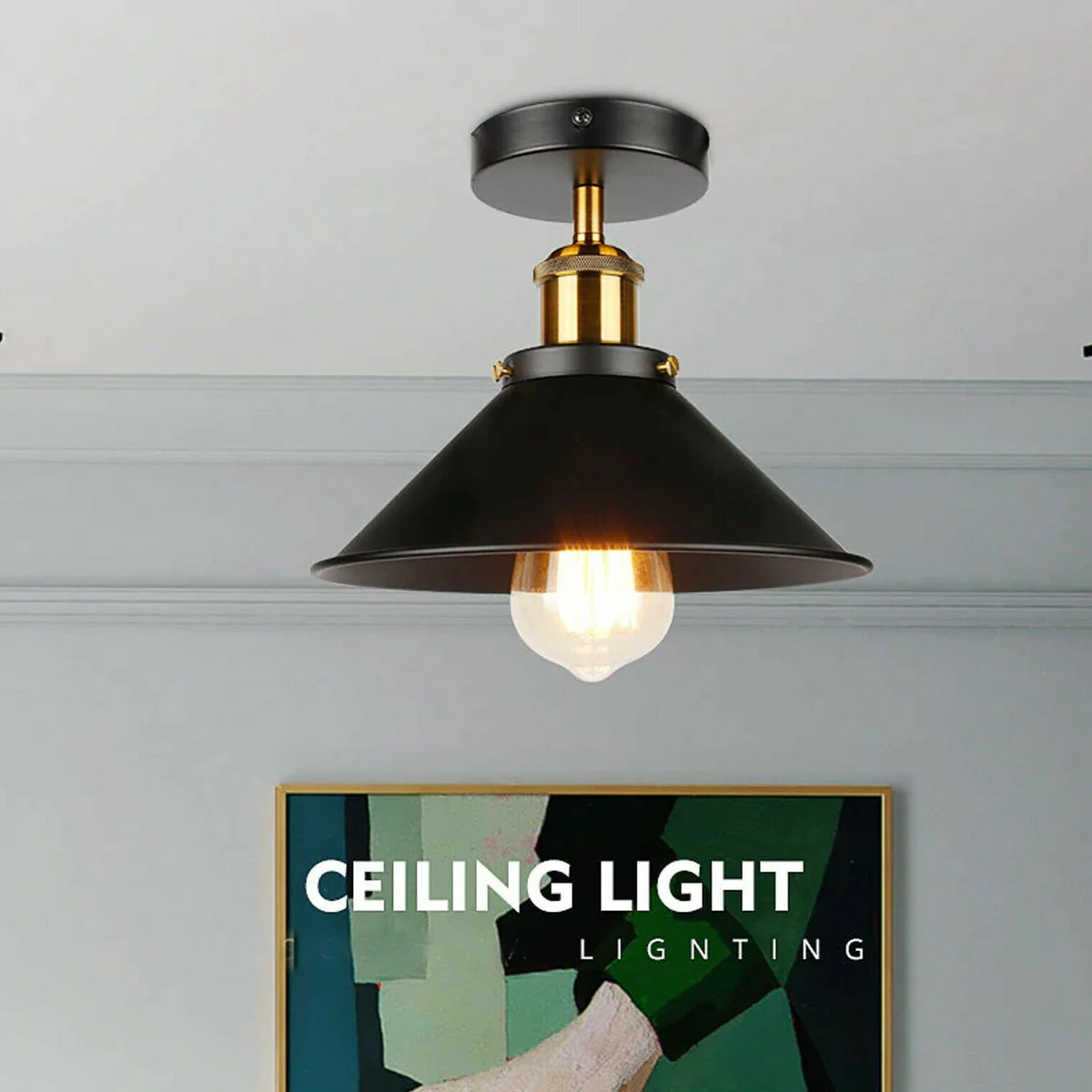 Black and yellow brass conical semi flush mount light with vintage metal shade for low ceilings, 22cm diameter