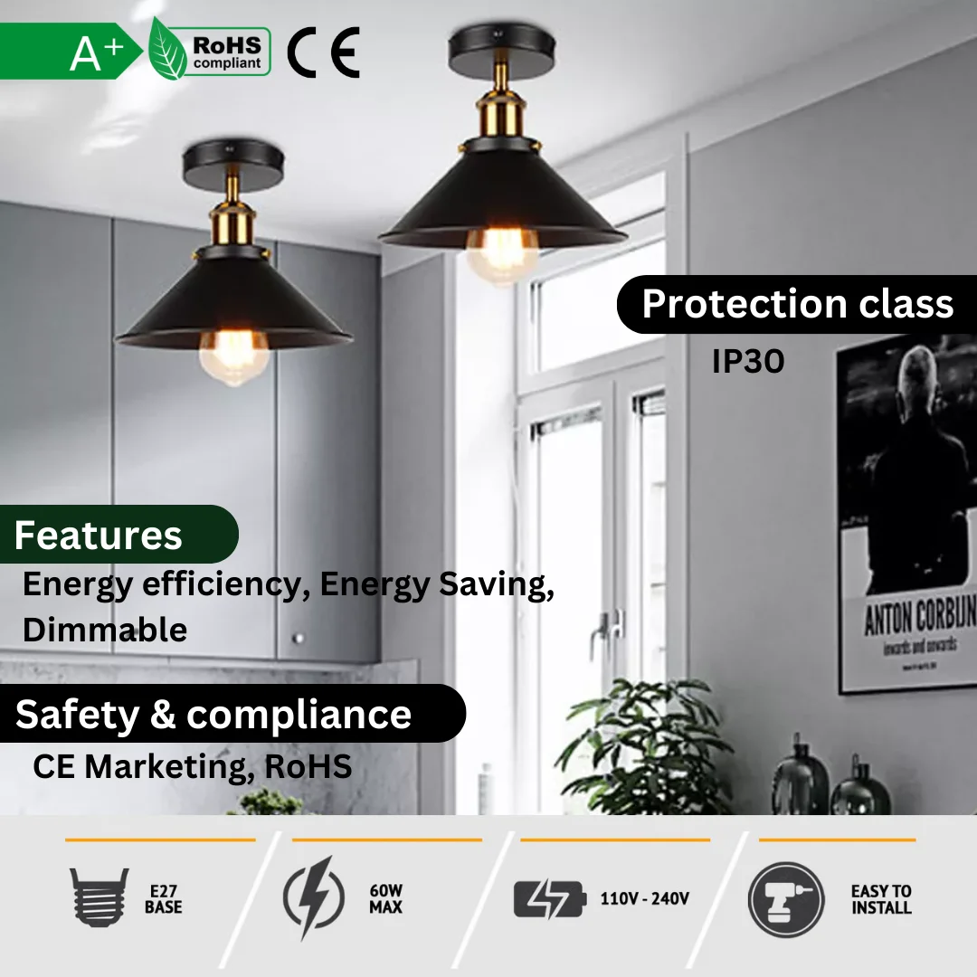 Black and yellow brass conical dimmable ceiling light flush mounted on low ceiling in vintage industrial style