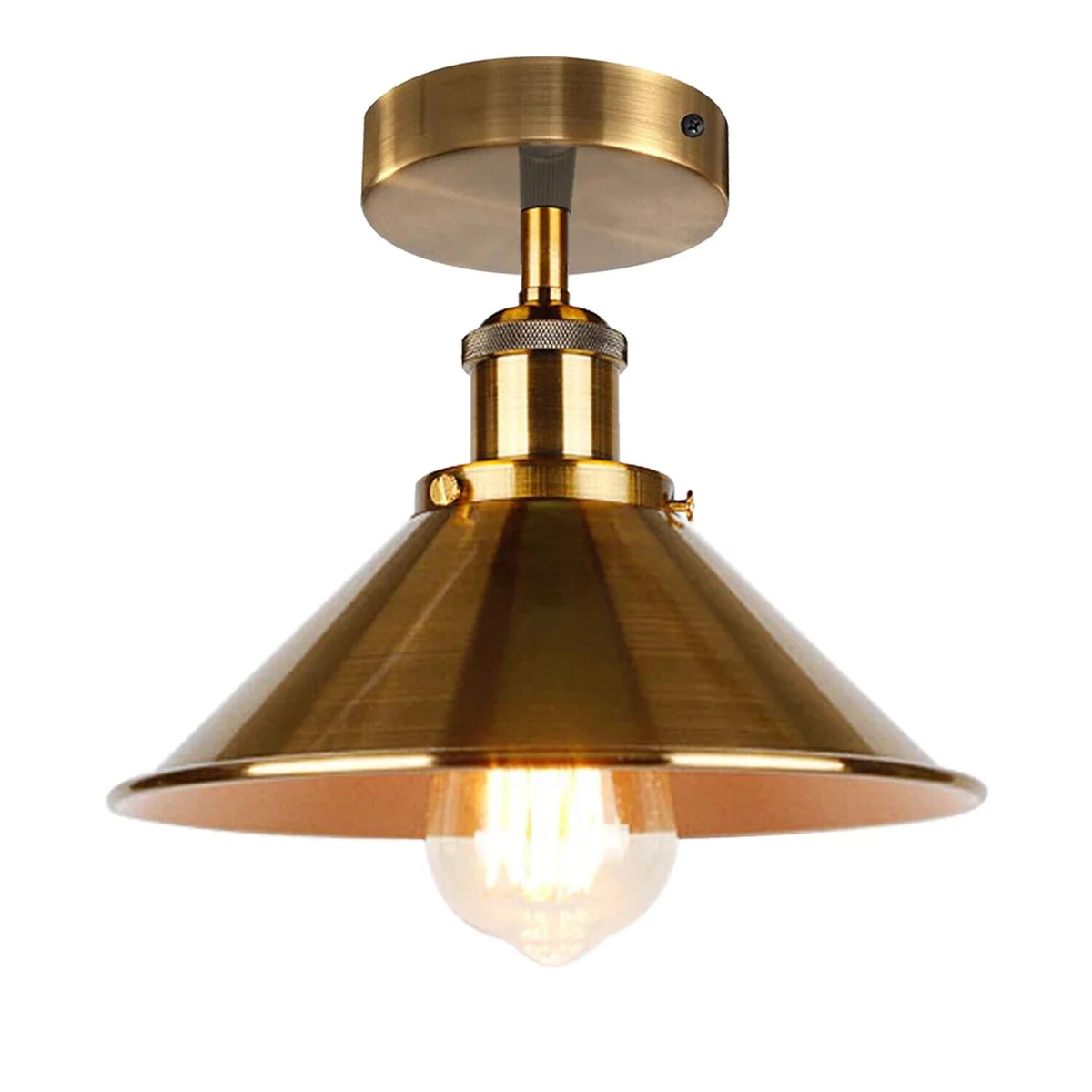 Black and yellow brass conical metal ceiling light flush mounted on a low ceiling above a kitchen sink area