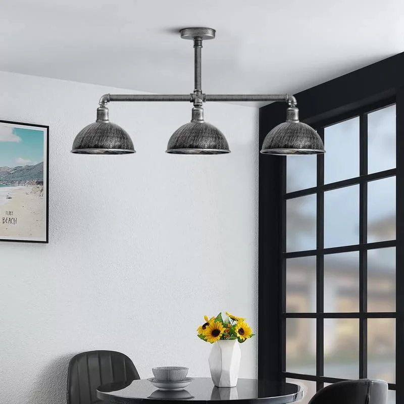 Three-light industrial pipe ceiling light with brushed silver metal pipes and adjustable hanging length in retro style