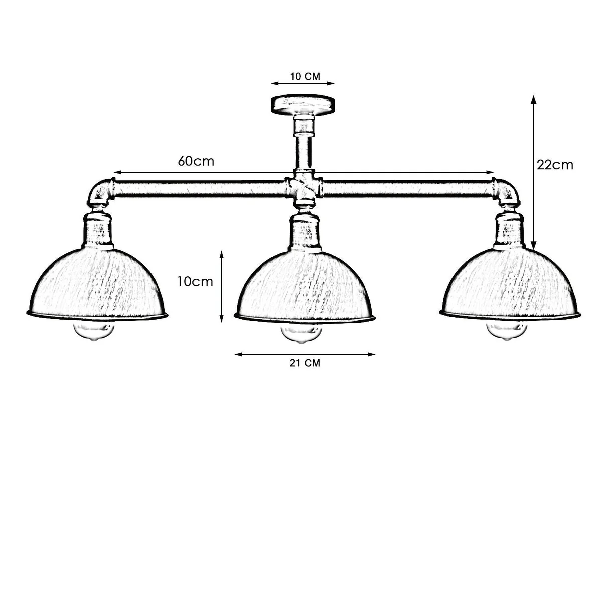Industrial retro 3 way pipe light with three brushed silver metal shades hanging from adjustable ceiling mount