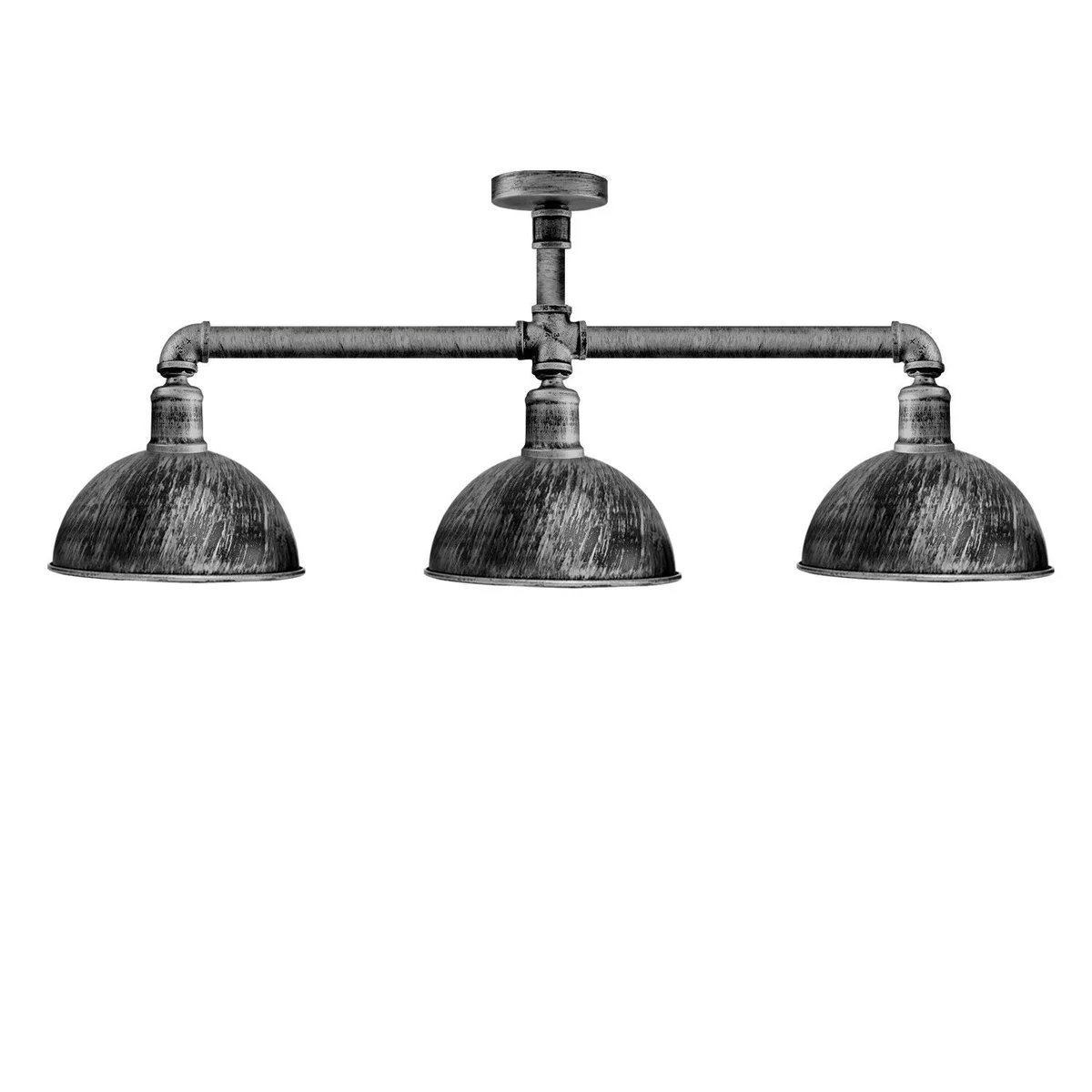 Industrial retro texas style ceiling light with three exposed pipe metal shades in brushed silver finish, hanging from ceiling