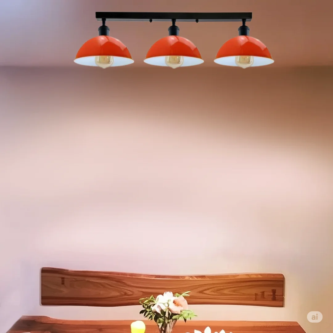 Industrial ceiling light with three orange metal pipe sconces in retro steampunk design hanging from ceiling