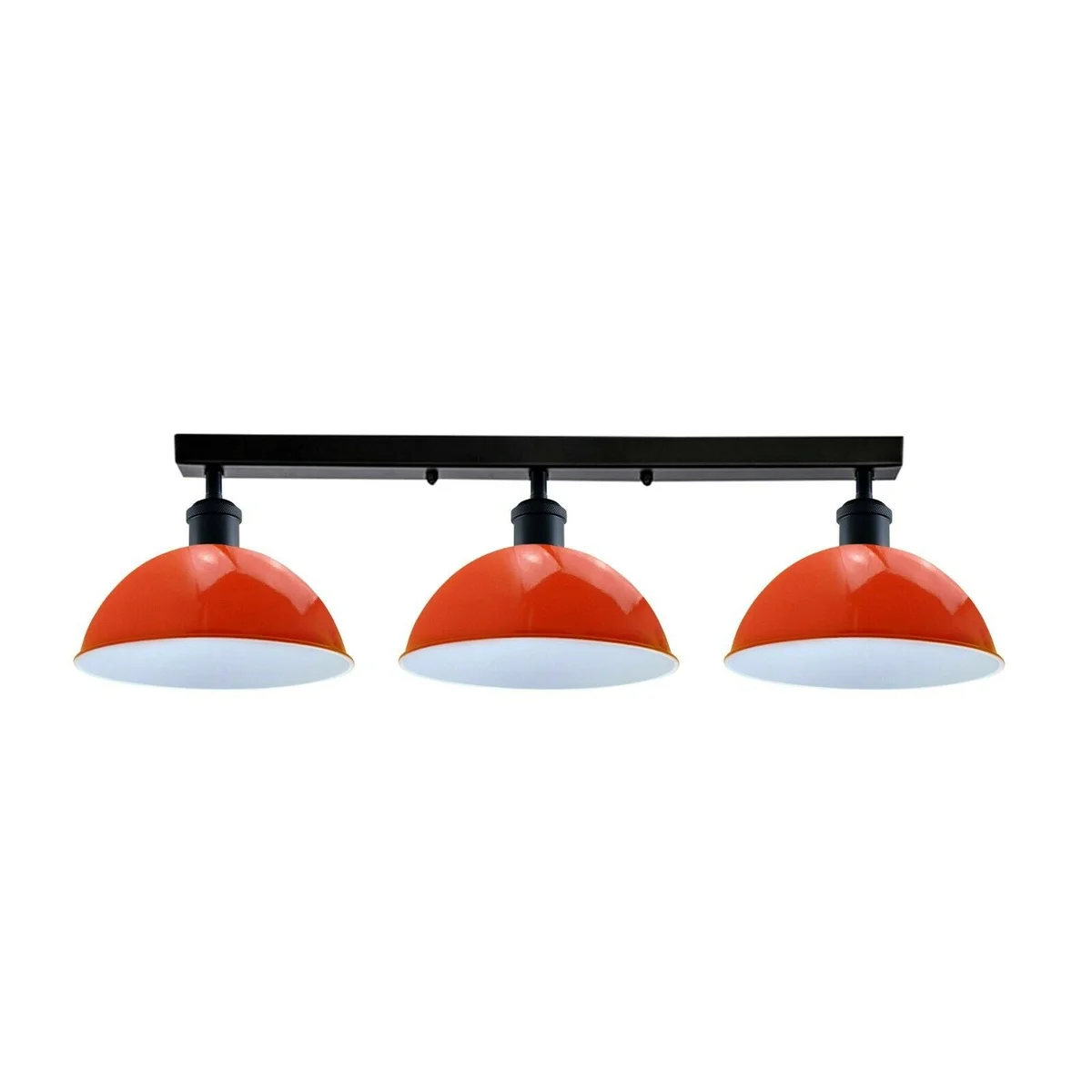 Industrial steam punk style metal pipe ceiling lamp with three orange scone cup holders hanging indoors