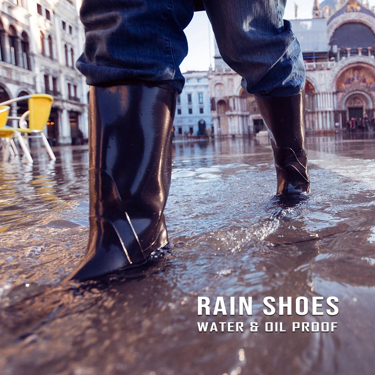 Pair of waterproof wellington boots in black PVC with slip-resistant soles and nylon mesh lining for comfort and breathability