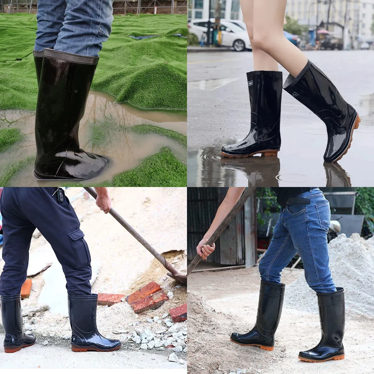 Pair of black waterproof PVC overshoes boots with slip-resistant soles designed for wet and muddy conditions