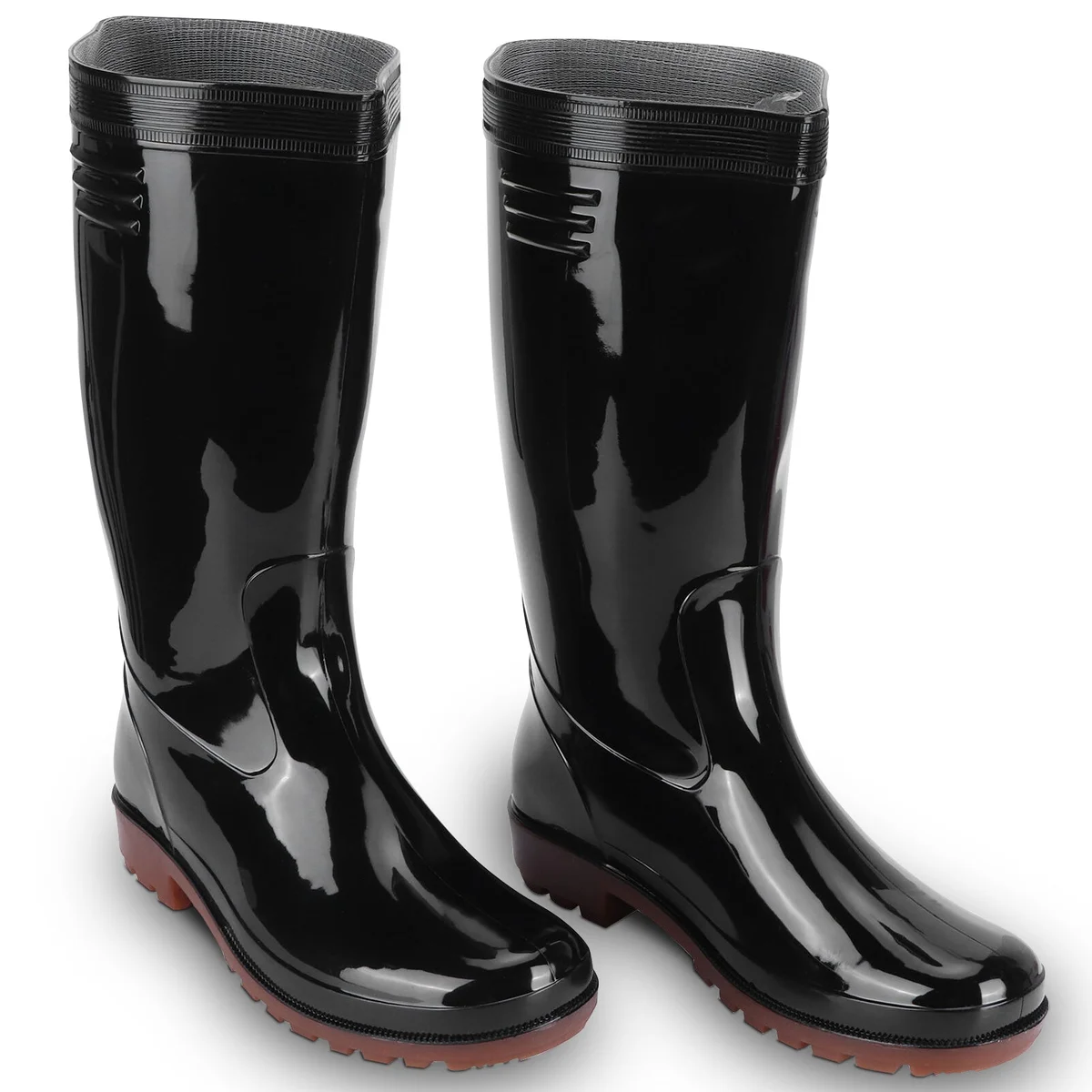 Pair of foldable outdoor waterproof boots made from durable PVC with slip-resistant soles and nylon mesh lining