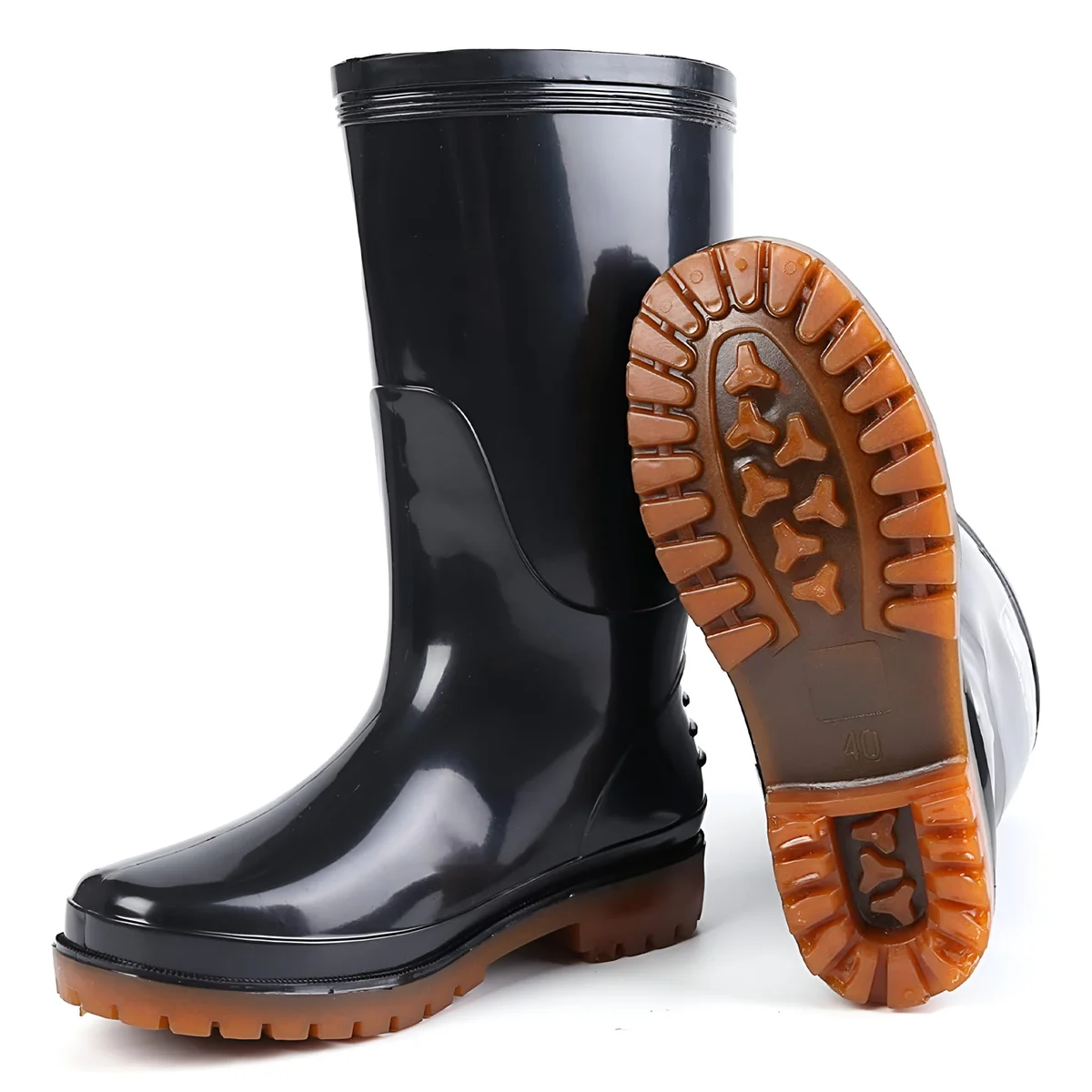 Pair of waterproof wellington boots with slip-resistant soles and nylon mesh lining for comfort and breathability