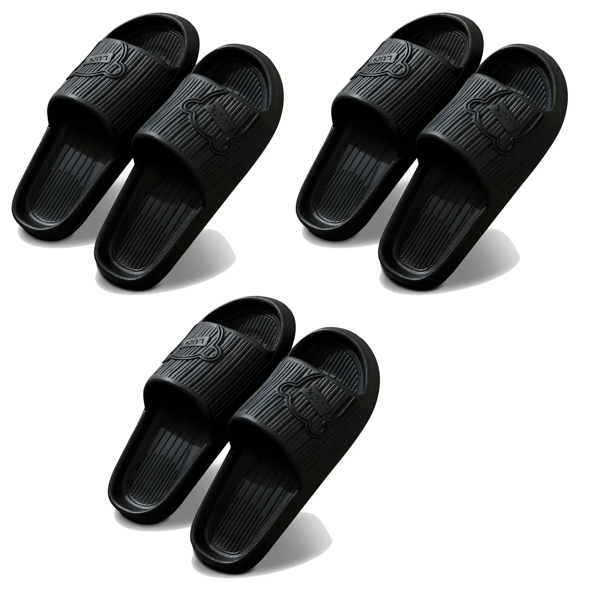 Pair of unisex lightweight non slippery flip flops in black with ergonomic design and cushioned EVA sole displayed on white background