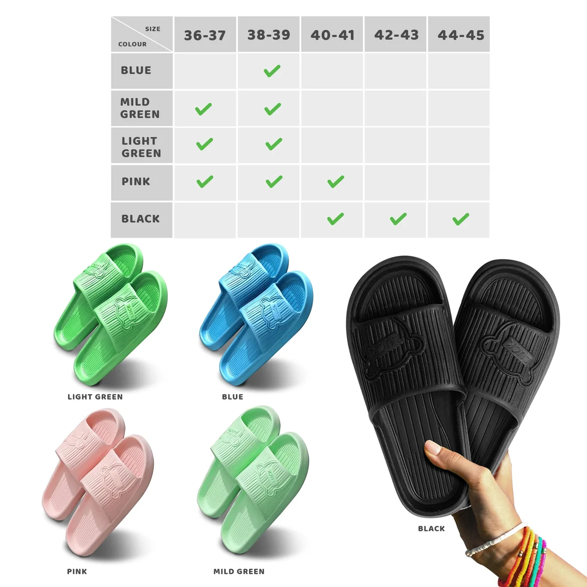 Pair of unisex lightweight flip flops in black with ergonomic design and non-slip sole on a plain white background
