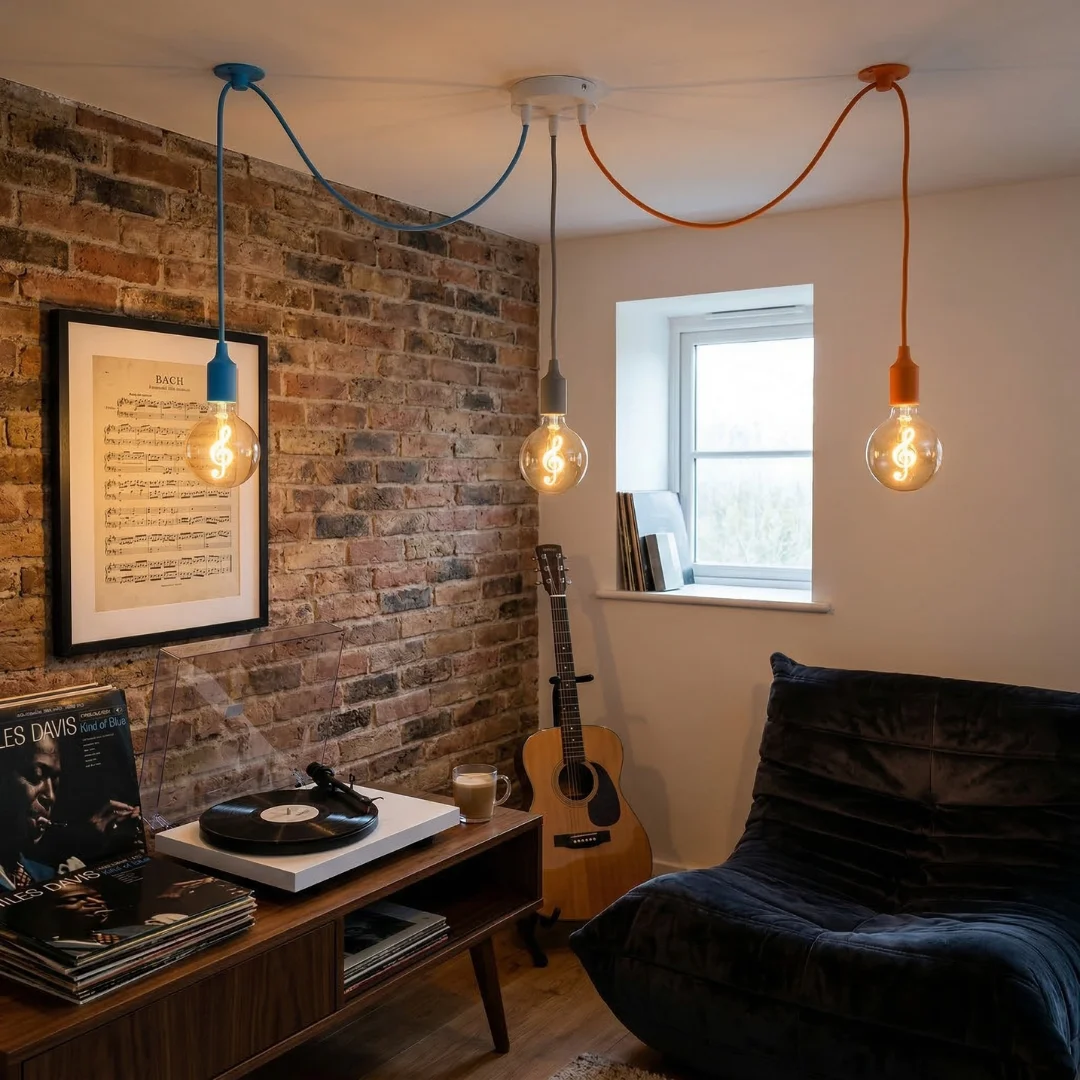 3-head spider pendant light with three adjustable fabric cables in orange, blue, and grey, industrial modern style