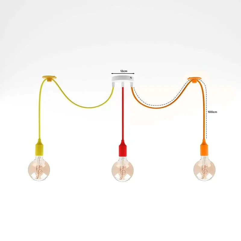 Three-head colourful spider pendant light with orange, blue, and grey fabric cables in industrial style lighting design