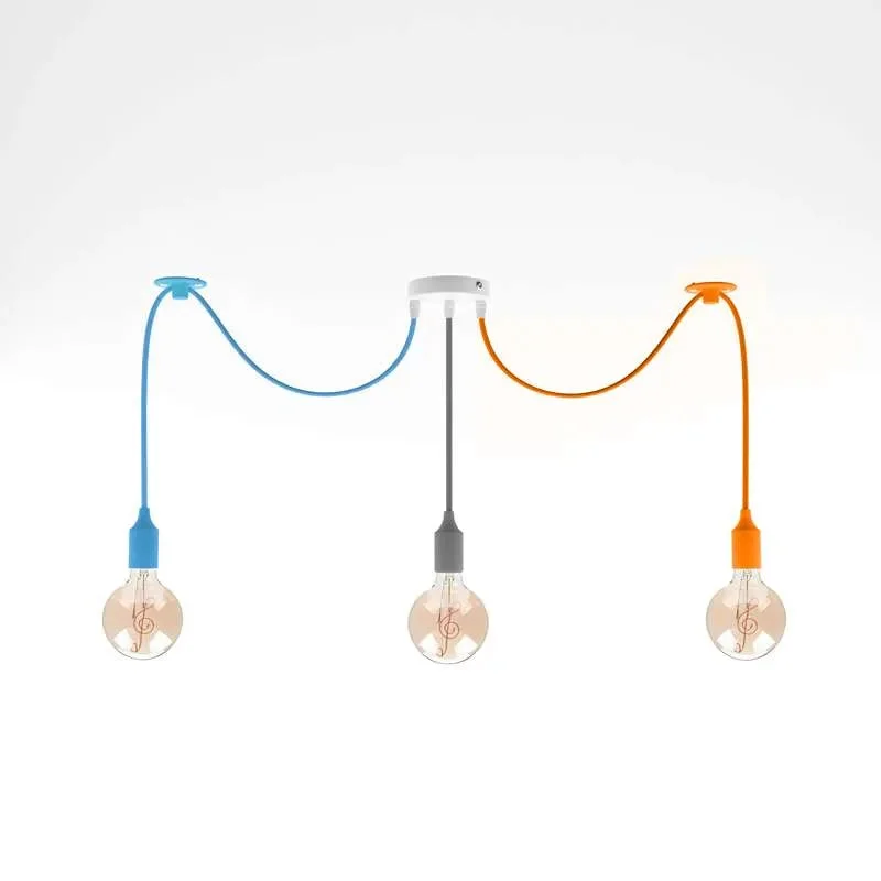 3-head fabric cable pendant light with orange, blue, and grey adjustable textile cables and metal fixtures hanging indoors