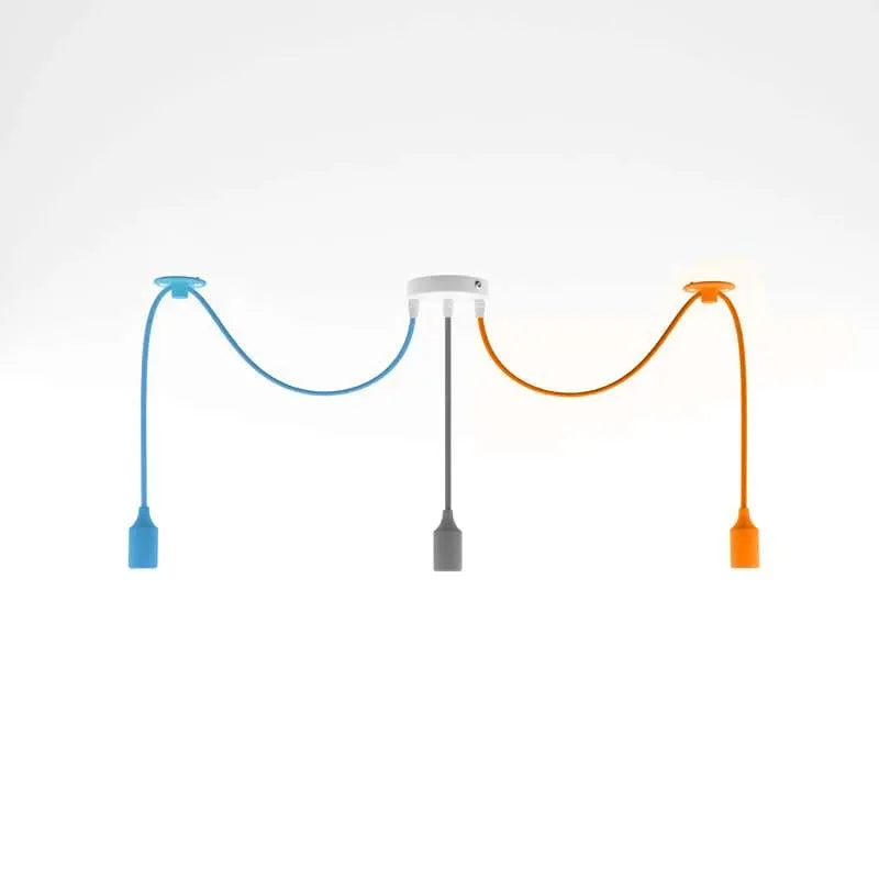 3-head spider pendant light with three colorful fabric cables in orange, blue, and grey hanging from ceiling rose