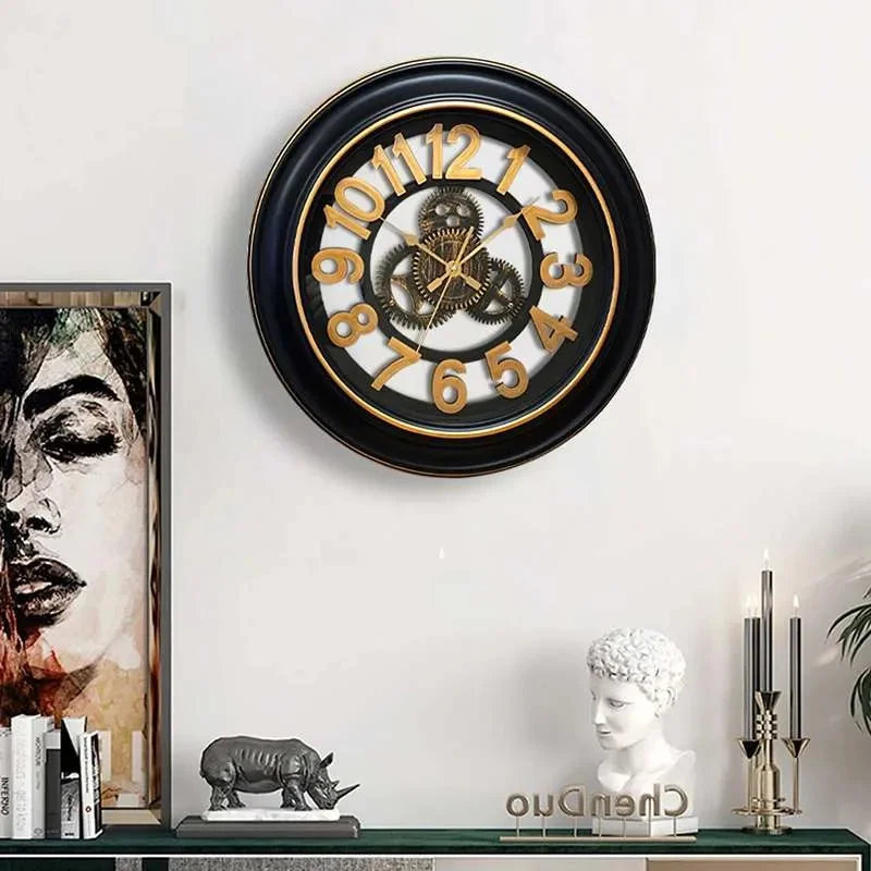 Antique wall clock with black and gold gear design, round 50cm, silent quartz sweep movement, battery powered