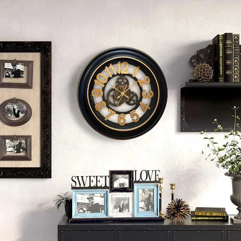 Round black and gold clock with antique gear design, silent quartz sweep movement, 50cm diameter, battery powered
