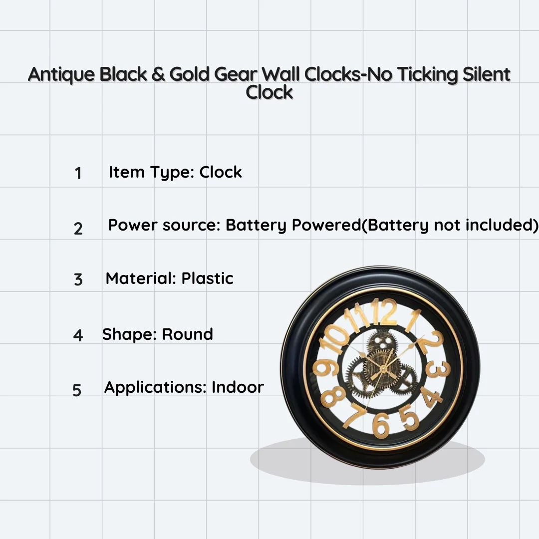 Round antique black and gold quartz wall clock with gear design, silent sweep movement, 50cm diameter, battery powered