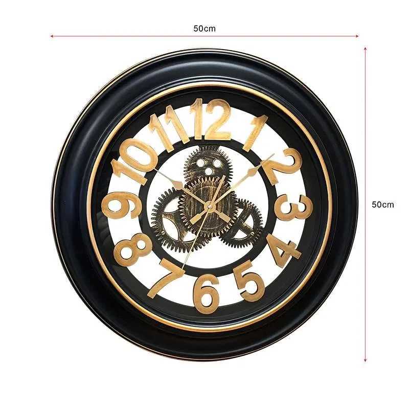 Antique black and gold round gear wall clock with silent quartz sweep, battery powered clock, 50cm diameter