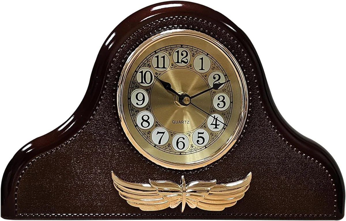 Leather mantel clock in Napoleon style with white face, large black numbers, and battery operated clock design on shelf