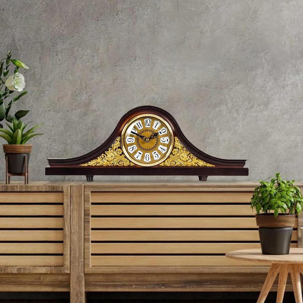 Retro desk clock with leather accents, large black numbers on white face, classic Napoleon style mantel design