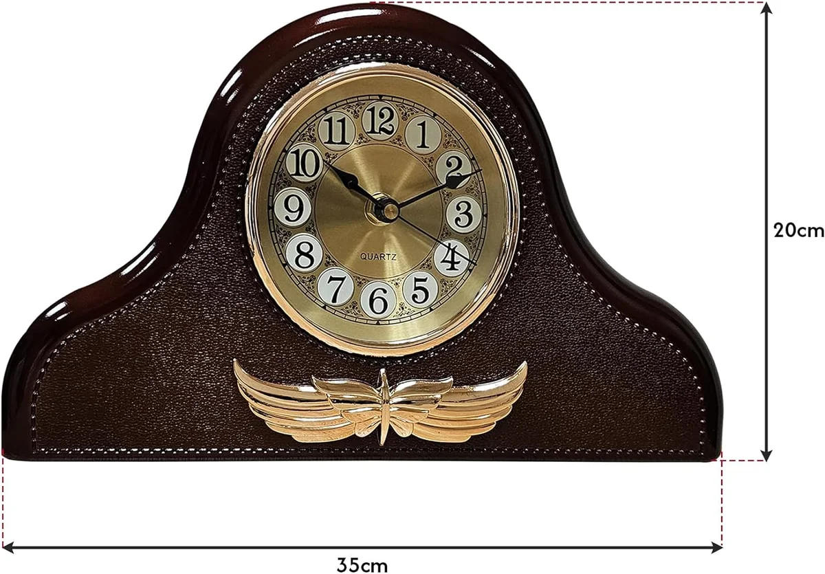 Leather mantel clock in Napoleon style with white face, large black numbers, and leather accents on a round plastic frame