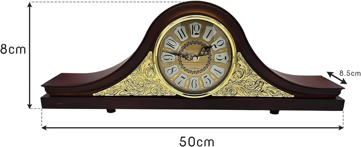 Leather mantel clock in classic Napoleon style with white face, large black numbers, and leather accents on a shelf