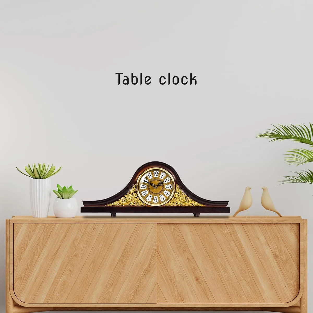 Leather mantel clock in Napoleon style with white face, large black numbers, and leather accents on a round plastic frame