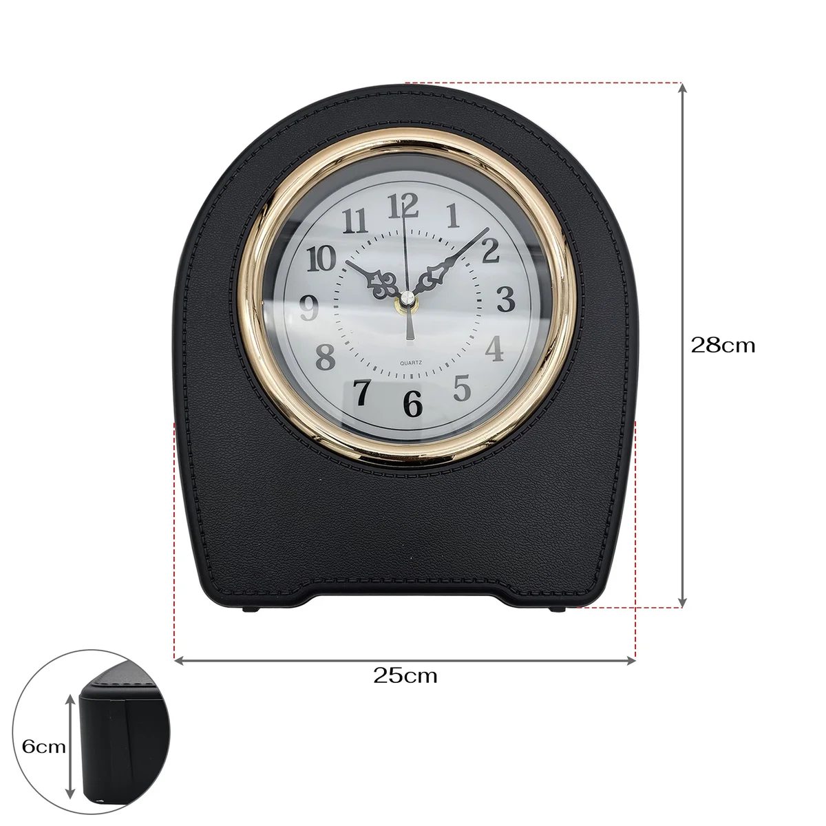 Vintage style indoor desk clock with black leather finish, round face, and white numerals on a wooden table background