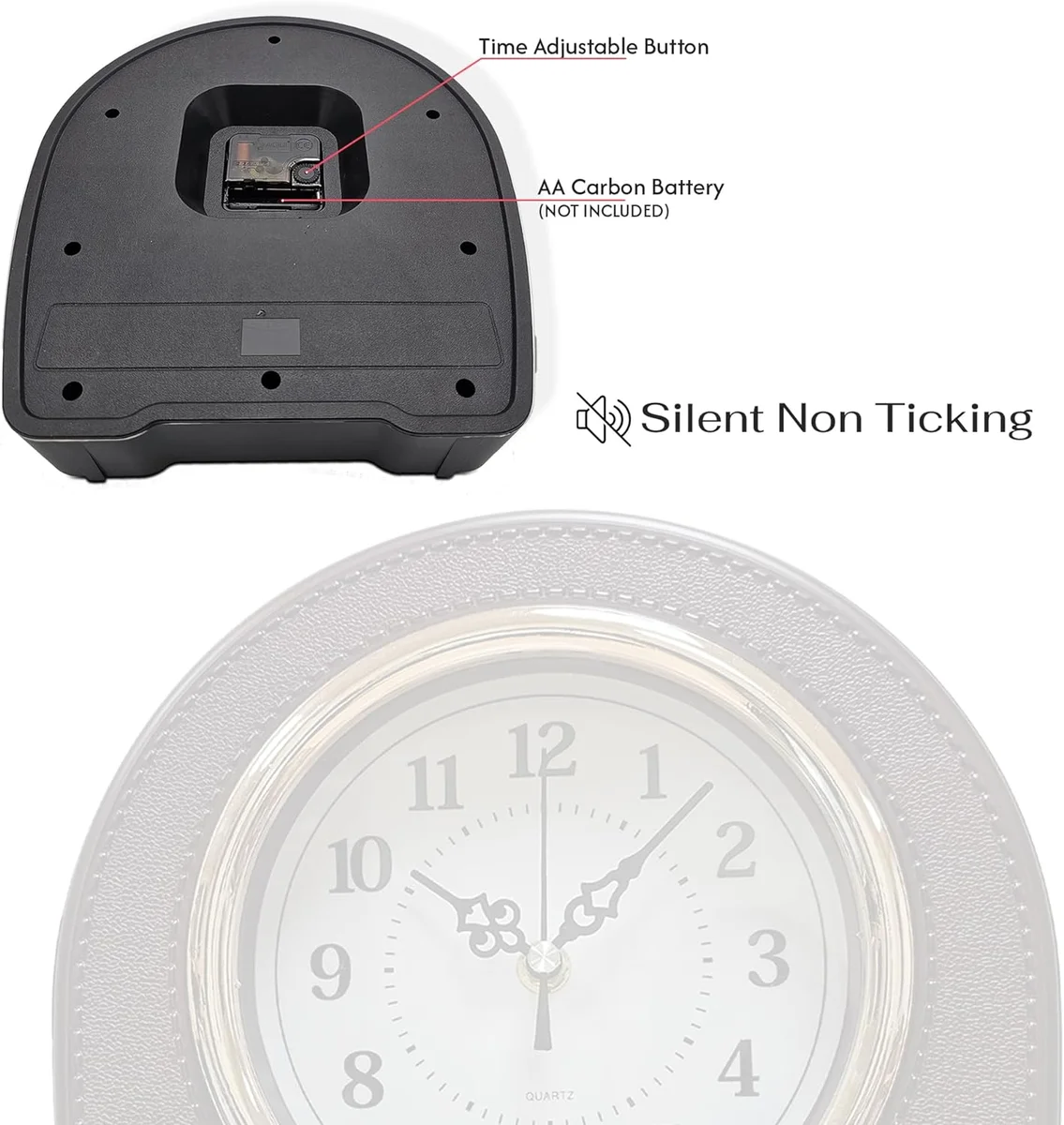 Vintage style battery operated clock with leather finish in black, displayed on a wooden living room table