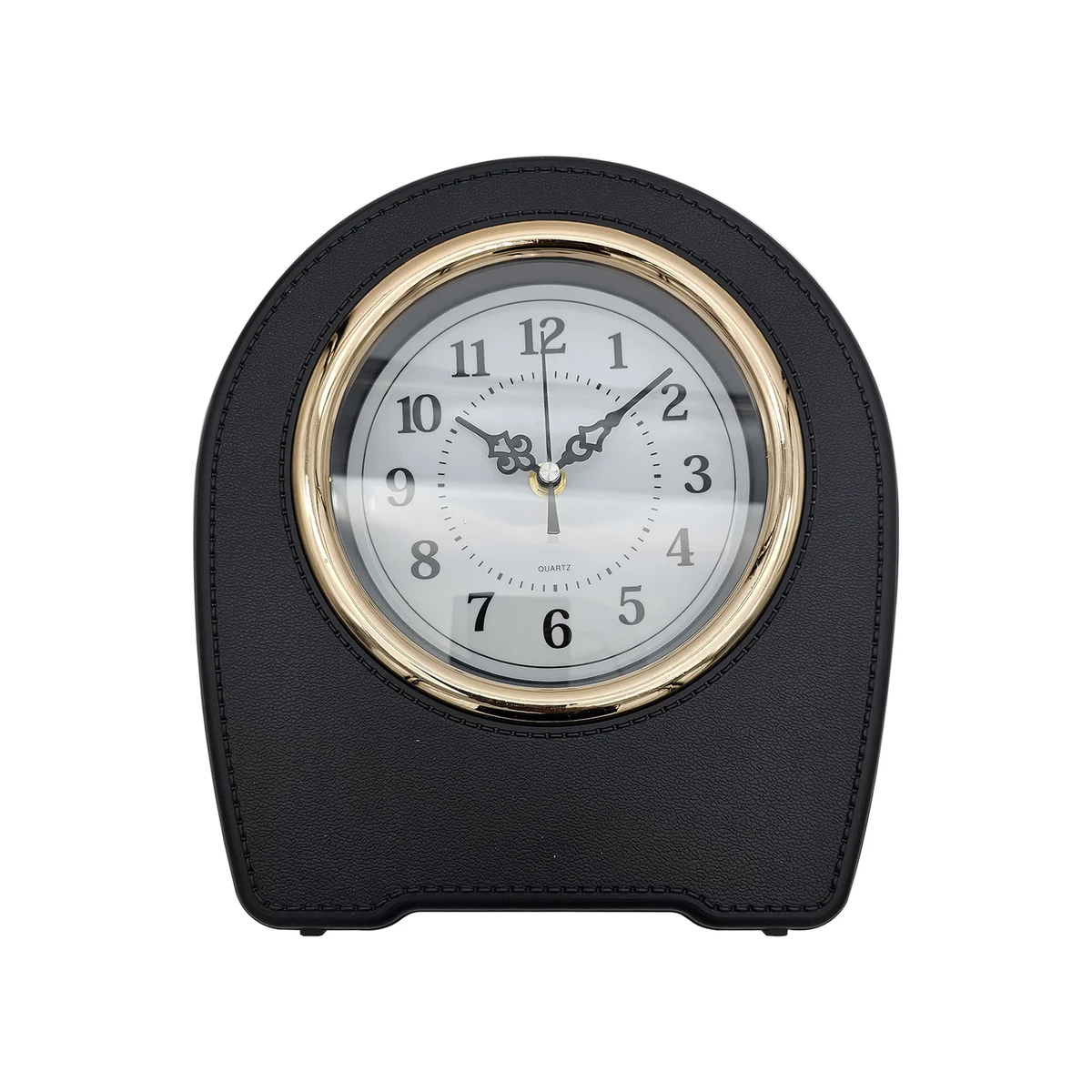 Small mantel clock with vintage leather finish, black color, rectangular shape, and easy-to-read clock face on table display
