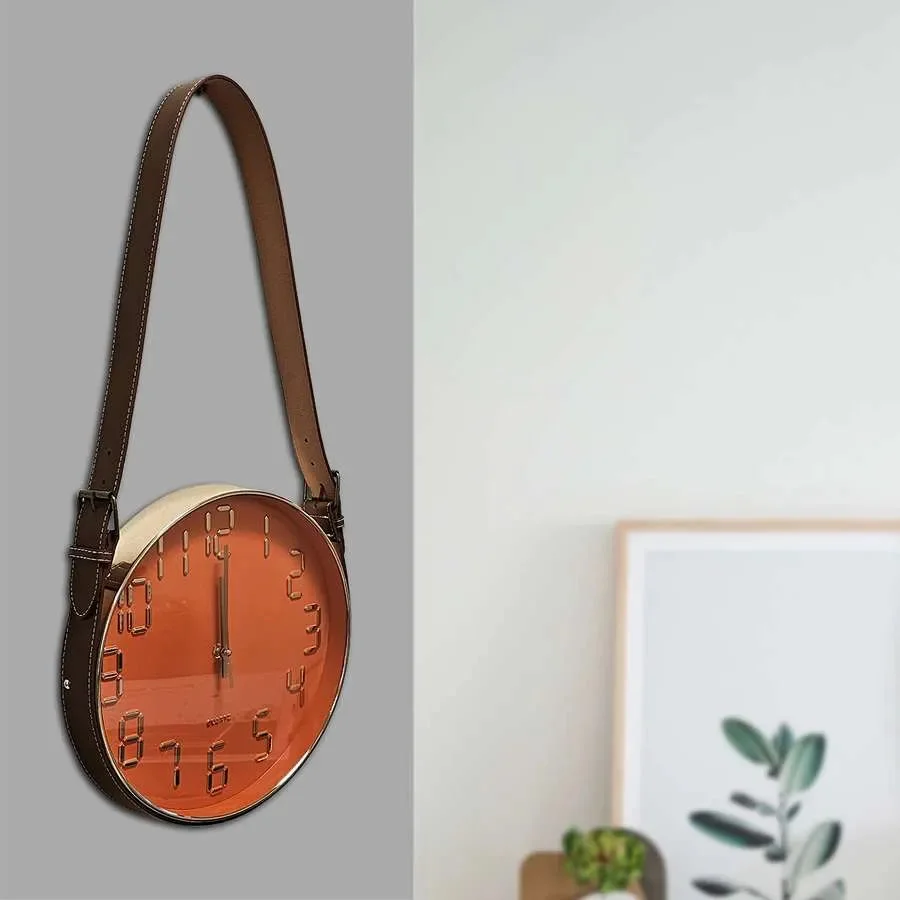 Round concrete wall clock with brown leather strap, glass cover, and plastic frame, modern design, 60cm height, 30cm width