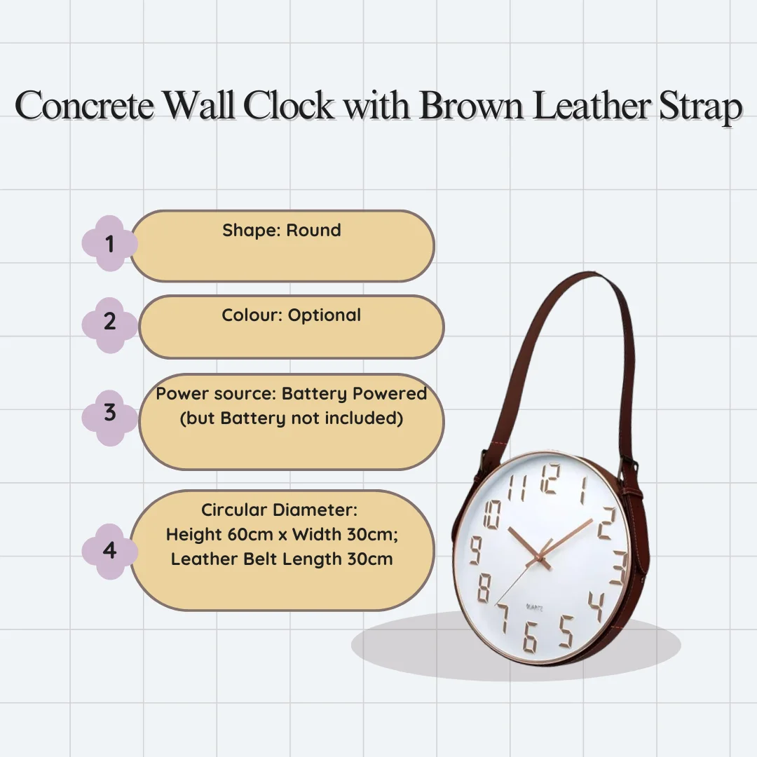 Modern round concrete wall clock with brown leather strap and glass cover, battery powered clock for easy wall hanging