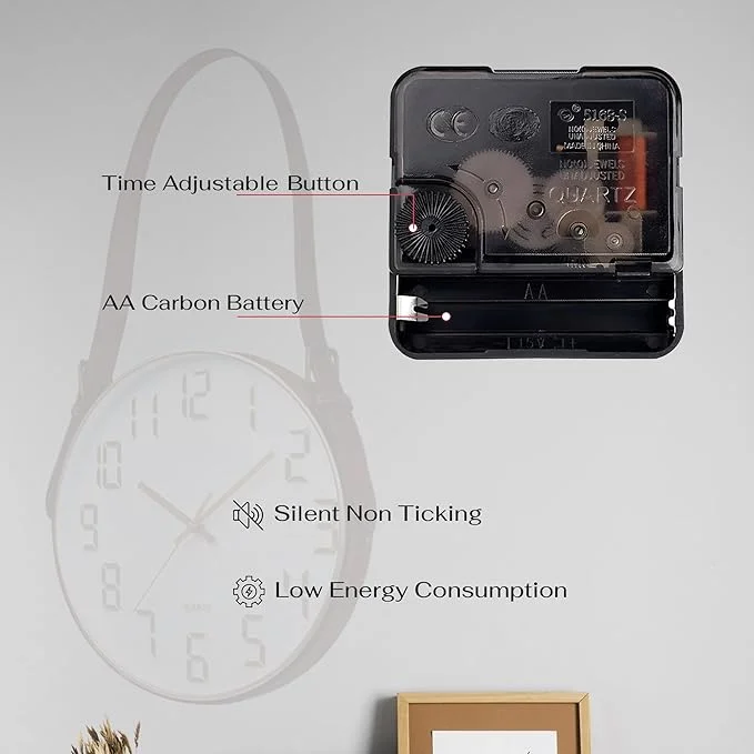 Round concrete wall clock with brown leather strap and clear glass cover, featuring a plastic frame clock design