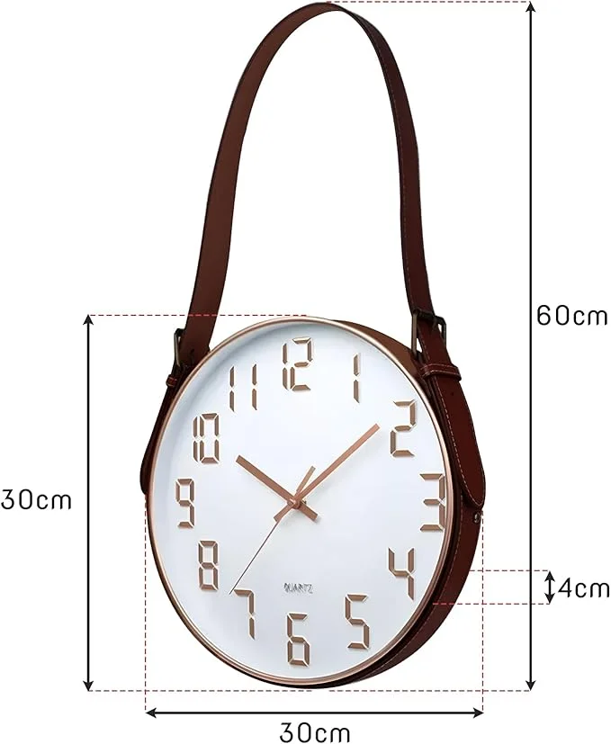 Round concrete wall clock with brown leather strap and clear glass cover clock, modern style with plastic frame and gear button