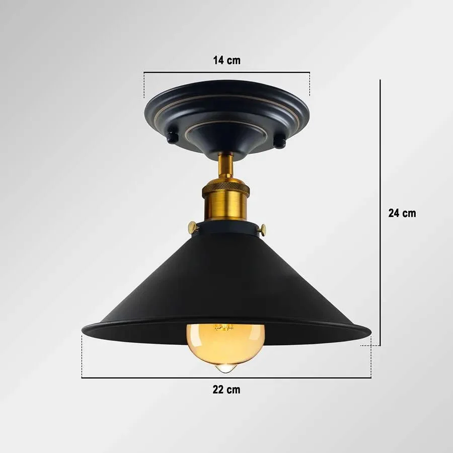 Vintage ceiling light with metal cone shade in brushed brass, semi‑flush mount design