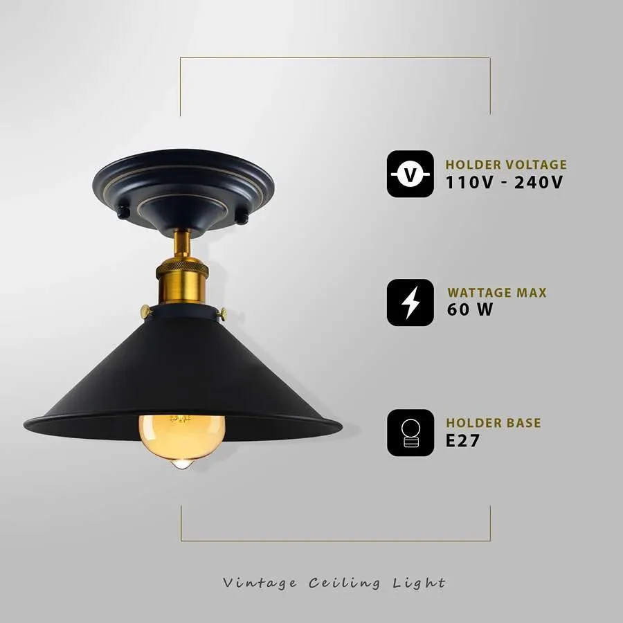 Yellow brass metal cone light hanging flush on ceiling with simple mounting hardware