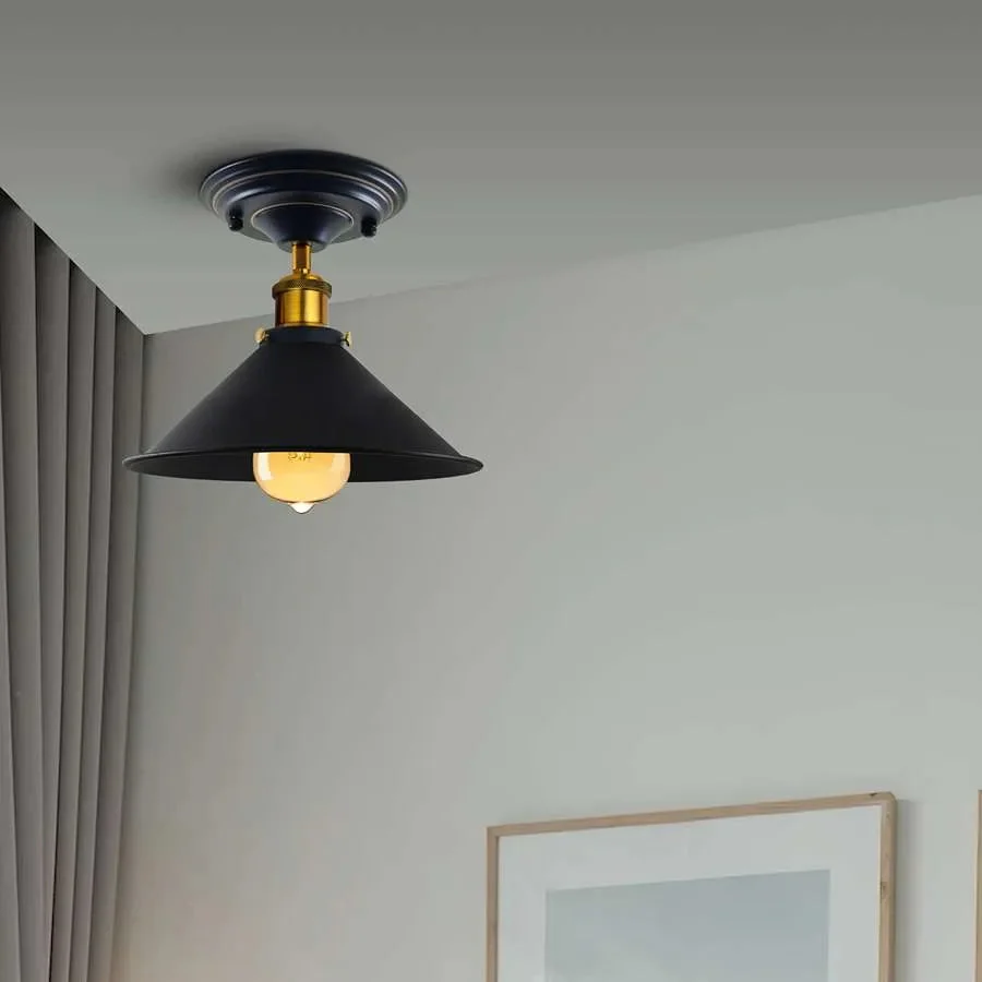 Vintage semi flush mount metal cone pendant light, brushed brass shadow shade, E27 socket, rust‑resistant, fits low ceilings