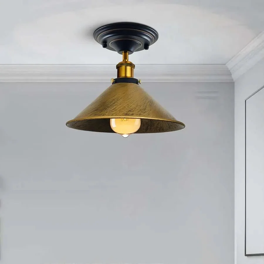 E27 ceiling light with yellow brass metal cone shade, flush mount style, corded, compact, suitable for low ceilings.