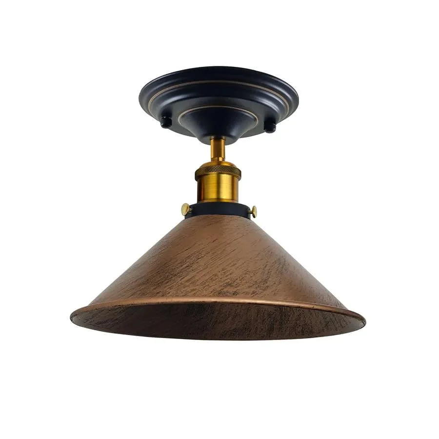 Metal cone industrial pendant light with brass, copper or silver finish, flush mount, fits E27 bulb.