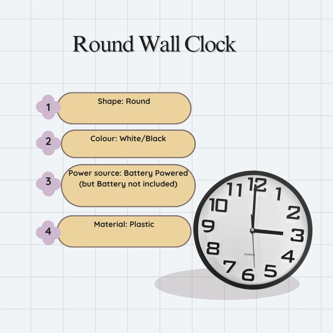 Classic round clock with white face, black numbers and hands, sleek plastic frame, hanging on a white wall indoors