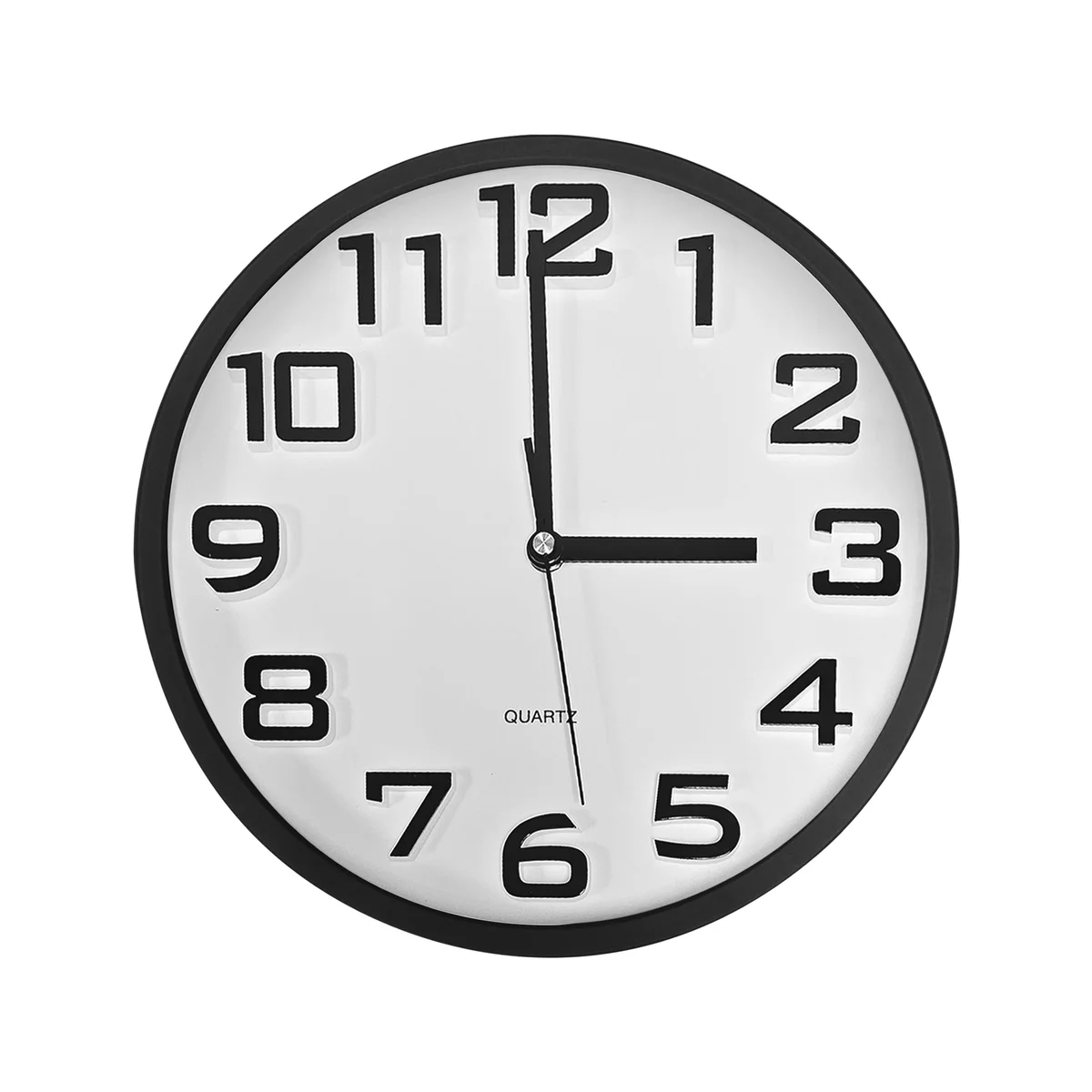 Minimalist round wall clock with white face and black numbers, easy to read clock with sleek plastic frame hanging on wall