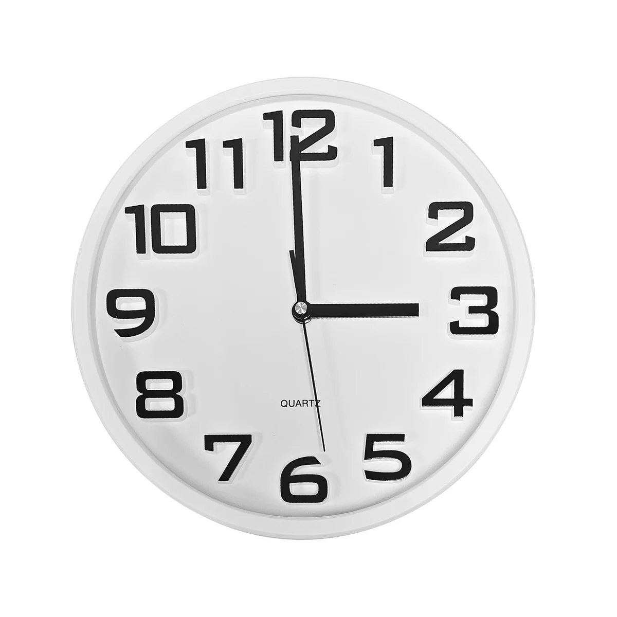 Minimalist round indoor wall clock with white face, black numbers and hands, sleek plastic frame hanging on white wall