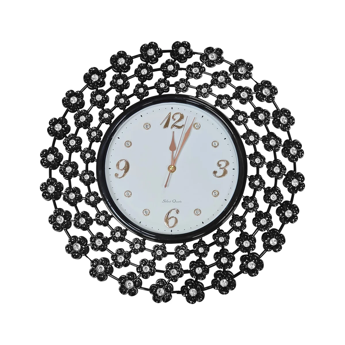 Black retro battery powered clock with intricate decorative flower design on metal frame, 45 cm diameter wall clock