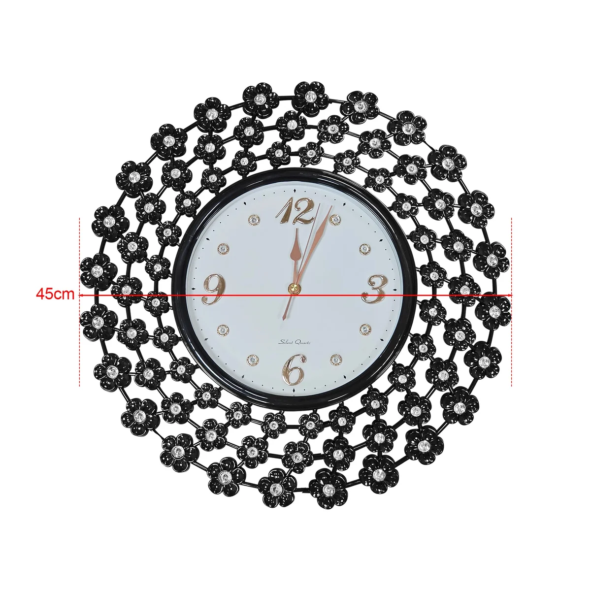 Black artistic wall clock with intricate decorative flower design on a 45 cm metal frame, battery powered and vintage style