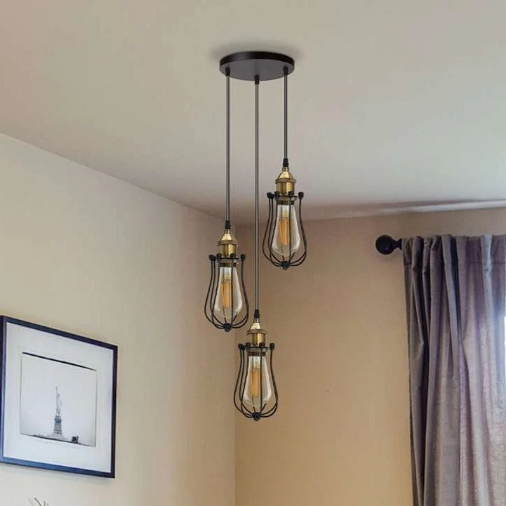 Black industrial cluster ceiling light with three adjustable wire bulb cages and 95cm cords on a 20cm ceiling rose